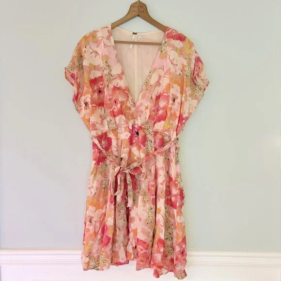 Free People Floral Freddy Tie Mini Dress - Size Large - Soft Chiffon Girly EUC - Picture 4 of 7